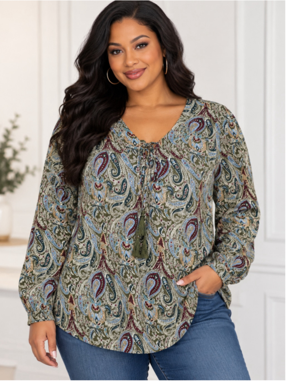 Women's Faded Glory Paisley Blouse Plus Size 20 Green Blue Long Sleeve